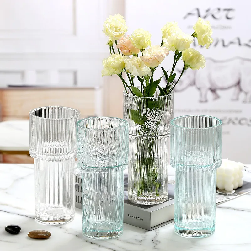 Venta al por mayor de mesa de decoración del hogar florero cilindro redondo de cristal hidropónico florero de cristal transparente