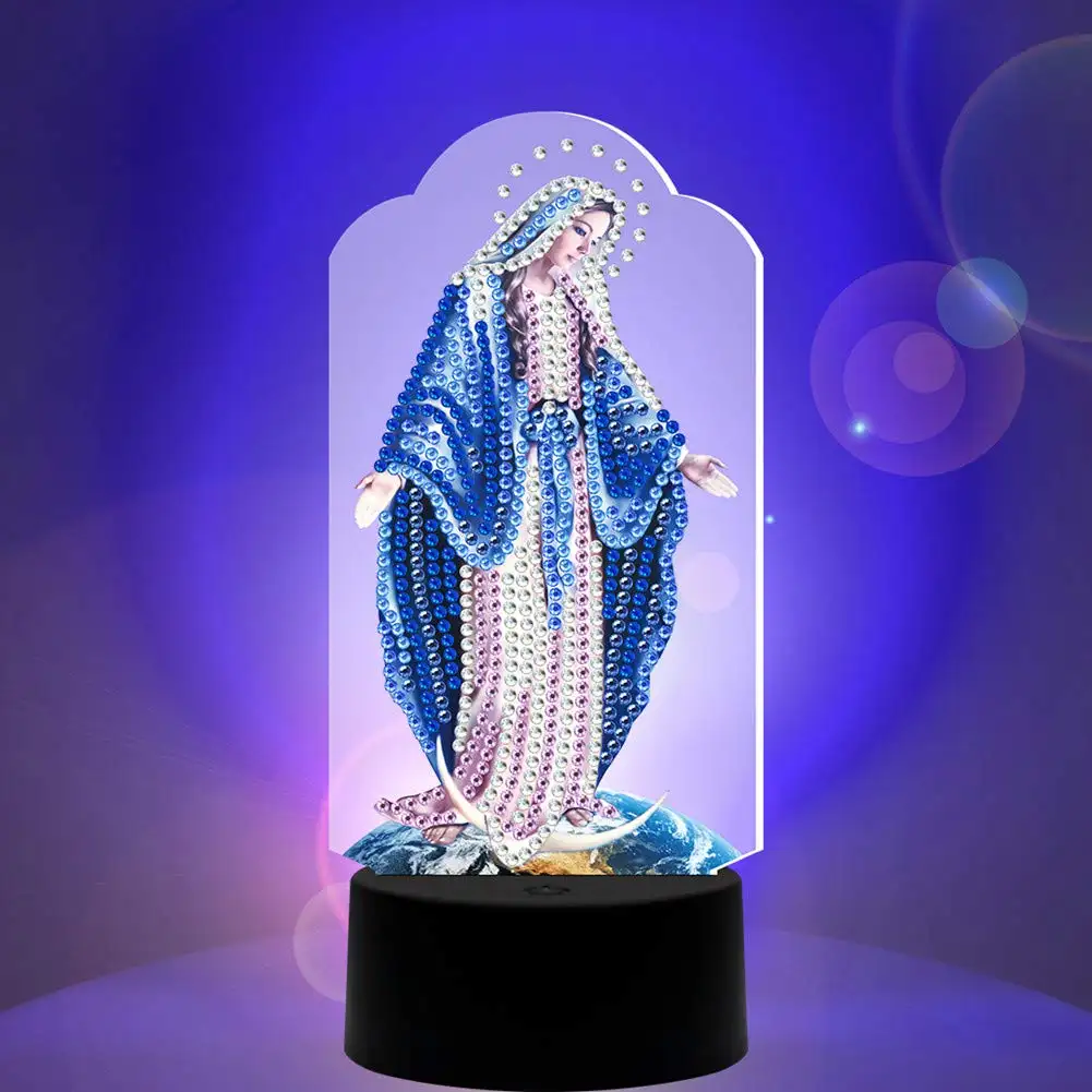 Pintura de diamantes DIY con lámpara LED Luces de noche Creatividad 7 colores Lámpara de dibujo de cristal de Navidad Decoración (Virgen religiosa)
