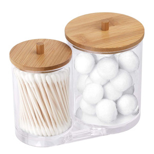 Cotton <strong>Swab</strong> Storage Box Bamboo Cover Acrylic Portable Round Container Makeup Cotton Puff Storage Box
