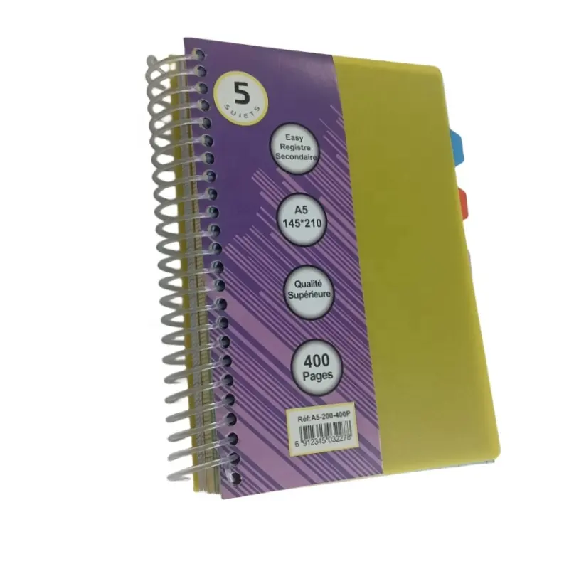 Cuaderno espiral doble de plástico de fábrica, tamaño personalizado, cubierta colorida de PP, 7 temas, cuaderno, diario, cuaderno, encuadernación en espiral