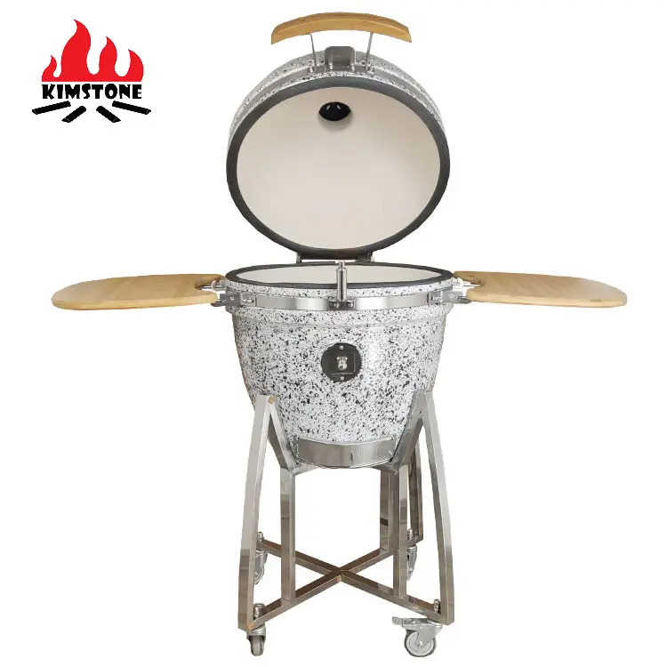 Kimstone kamado 21 pulgadas color mixto floral esmalte blanco y negro gran espacio Parrilla de cerámica