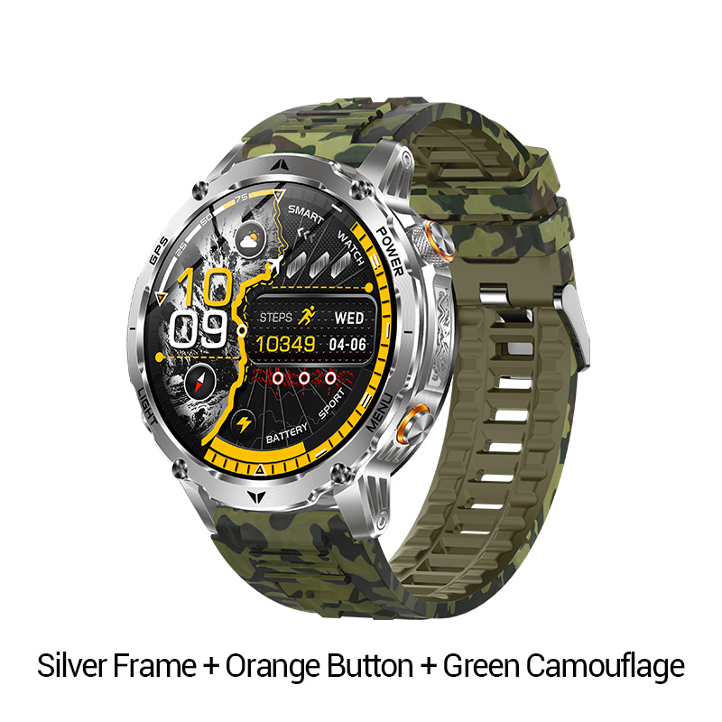Cadre argenté + bouton orange + bracelet en silicone camouflage vert