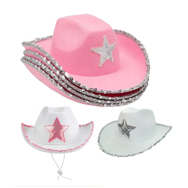 Nouveau Style occidental rose chaud Cowgirl étoile chapeaux femmes fille roulé Fedora chapeau Festival fête plume bord rose Cowboy chapeau