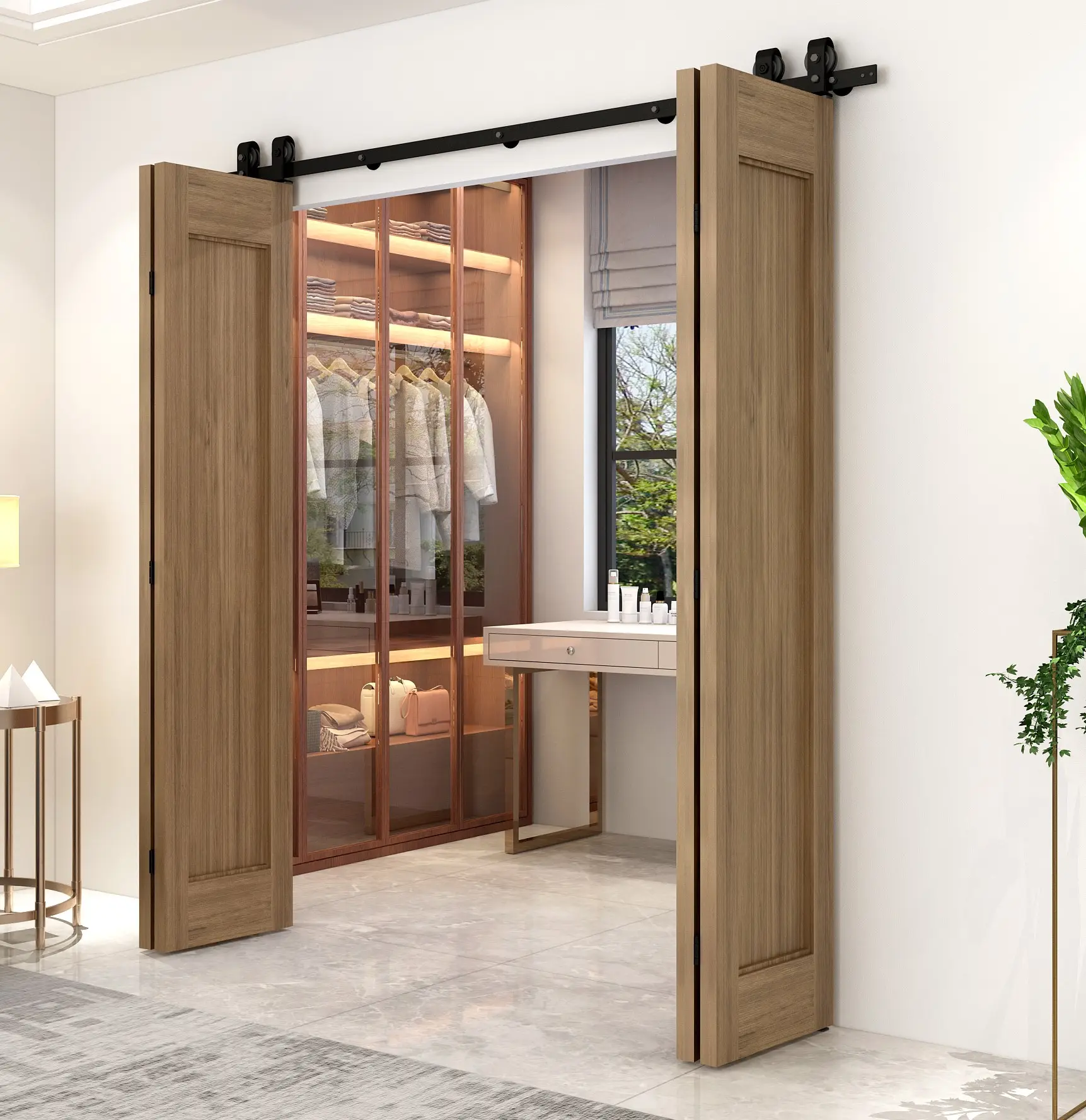 Warehouse Sliding Door Hardware Black Steel Track Bi-fold Wooden Door For Closet or Wardrobe