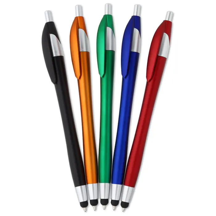 Promosi Label pribadi Stylus ramping plastik pulpen biru ramping Cartridge pena lembut sentuhan logam pulpen pena menulis