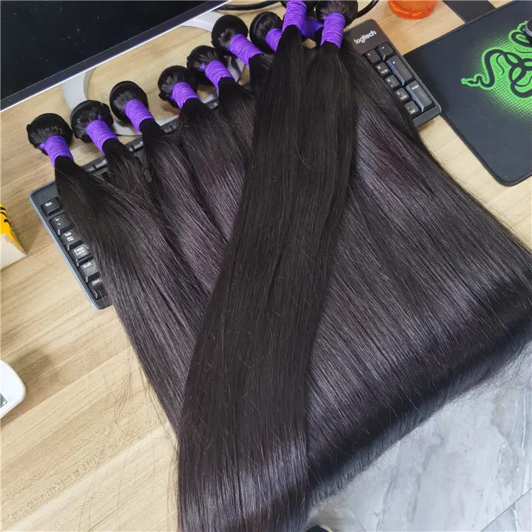 Extensiones de cabello humano brasileño con logotipo personalizado, cabello virgen con cutícula recta, 10a, 12a, 100%, barato