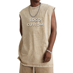 Custom Vintage Washed Cotton Men's <strong>Tank</strong> Tops Factory Side Slit Sleeveless Sport Vest with Patchwork <strong>Pattern</strong> Street Casual Style - Product Image 1
