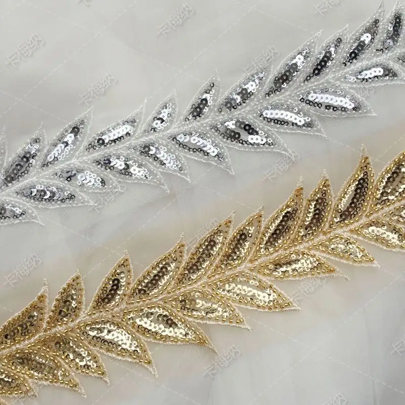 beaded sequins gold and silver leaf shape for wedding party dress dance clothing decorative belt hair band lace applique
