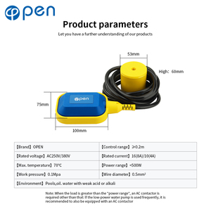 Mini quadrato aperto PP/silicone Floating Ball Float Switch sensore di livello dell'acqua dotato di un pesante martello e cavo 2/3m - Product Image 3