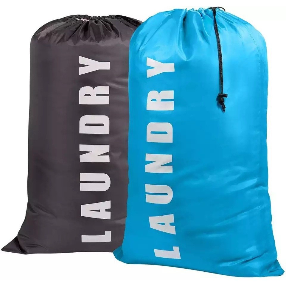 Blue lettering drawstring laundry basket