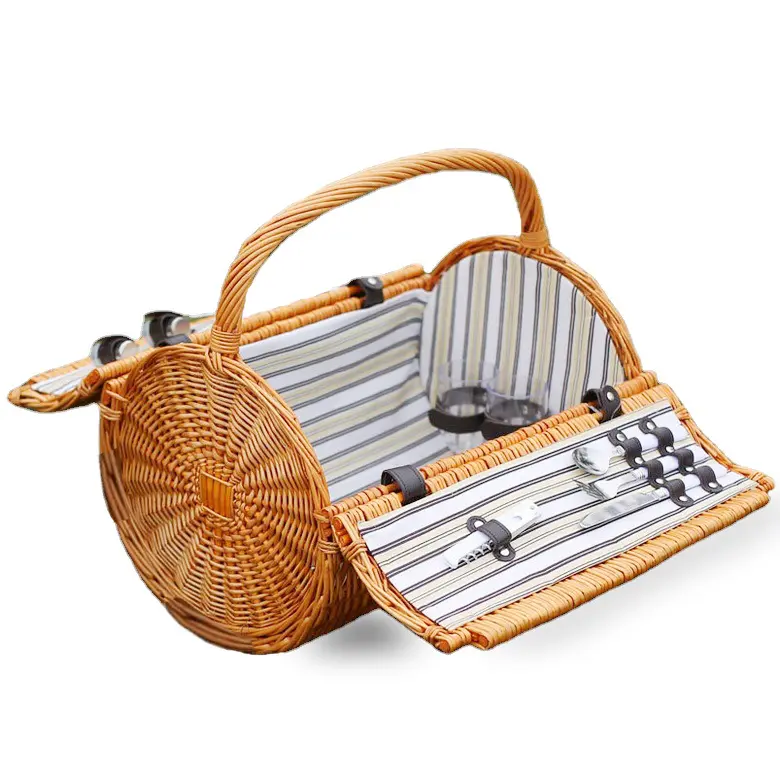 Large round wicker basket outdoor crafts send tableware, tote picnic basket picnic mat Food portable basket