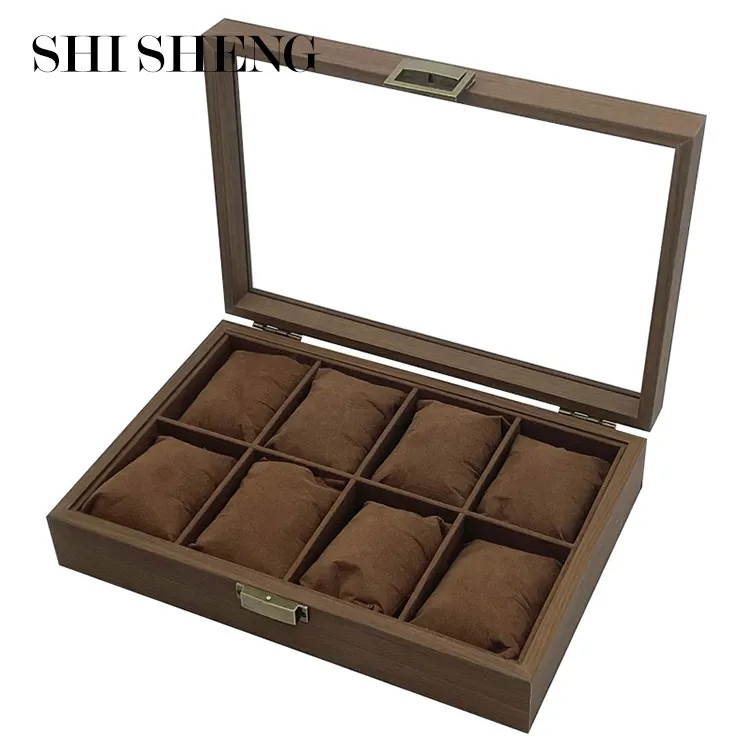 SHI SHENG New 8 Grids Wooden Watch Box With Glass Lid for Luxury Watches Display Box Package