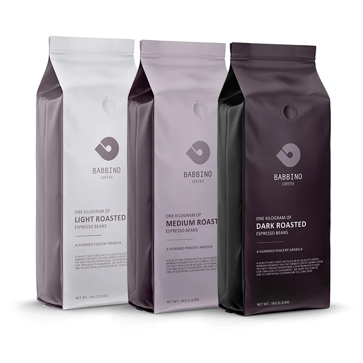 Saco de café com logotipo personalizado, saco de plástico com zíper, caixa quadrada fundo oito lado fosco, acabamento brilhante, reciclável, cinza, saco de café