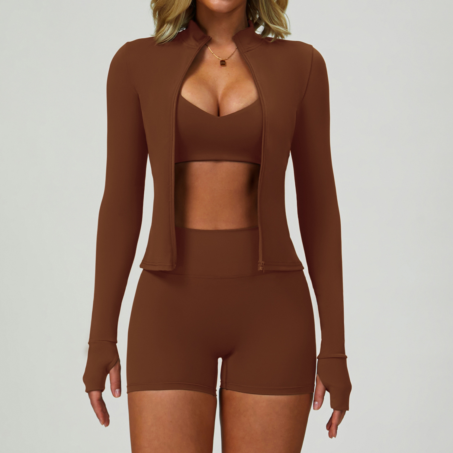 9300 Bra, 9300 Shorts, 6116 Three-Piece Outerwear Set (Sand Brown)