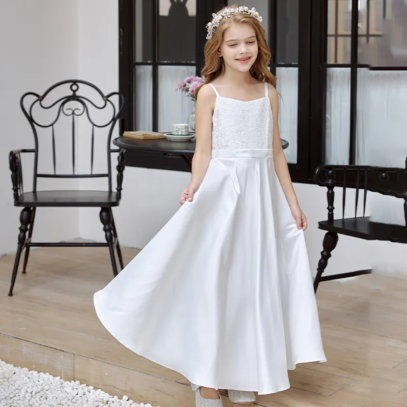 Spagetti kayışı çocuk giyim kat uzunluk kızlar dantel saten uzun elbisesi vestidos para nias beyaz çiçek kız elbiseler toptan