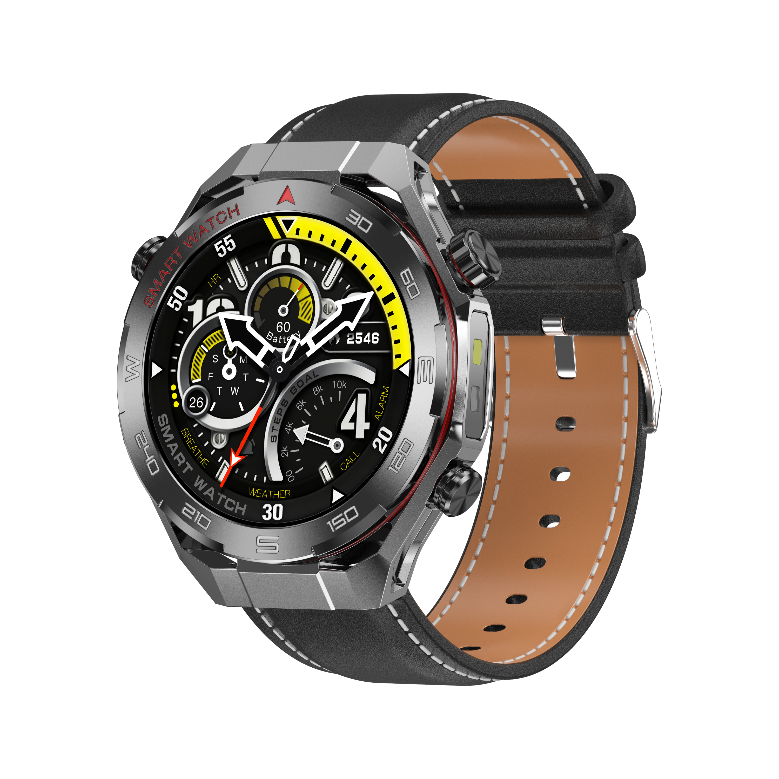 Boîtier argenté + bracelet en cuir noir