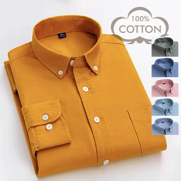 Tecidos de algodão 100% liso para homens, alta qualidade, novos modelos, casuais, cor sólida, masculinos, formal, de manga comprida, botão para baixo, camisas oxford