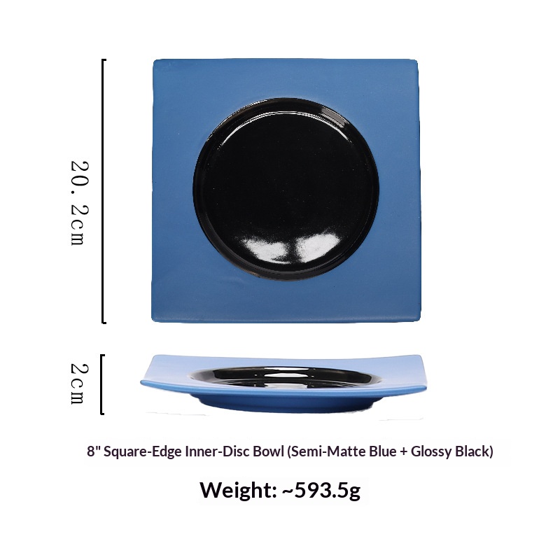 assiette carrée bleue + noire de 8 pouces