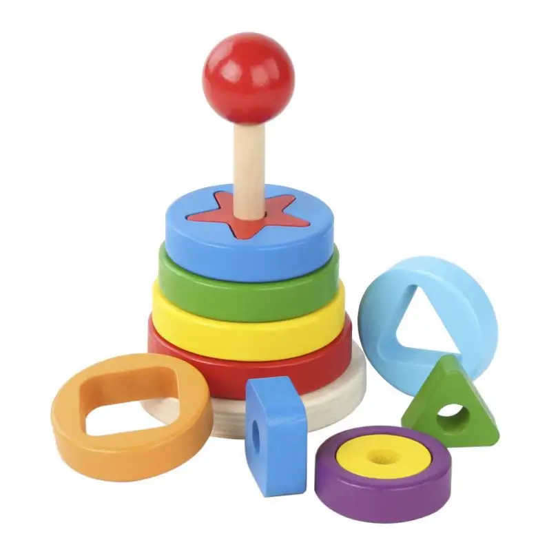 Brinquedos de madeira empilhados na torre de arco-íris, brinquedos educativos de madeira montessori para aprendizagem precoce