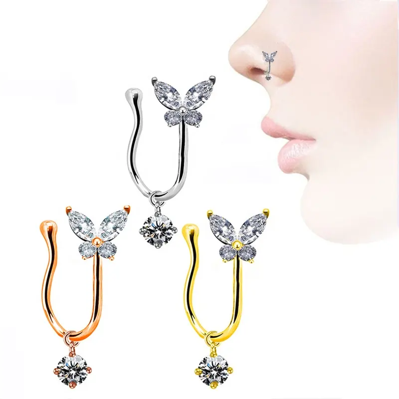 Getta Face Nose Ring Cuffs Gold Clip On Nose Rings butterfly hangling Faux Nose Rings Non Piercing Jewelry with charm