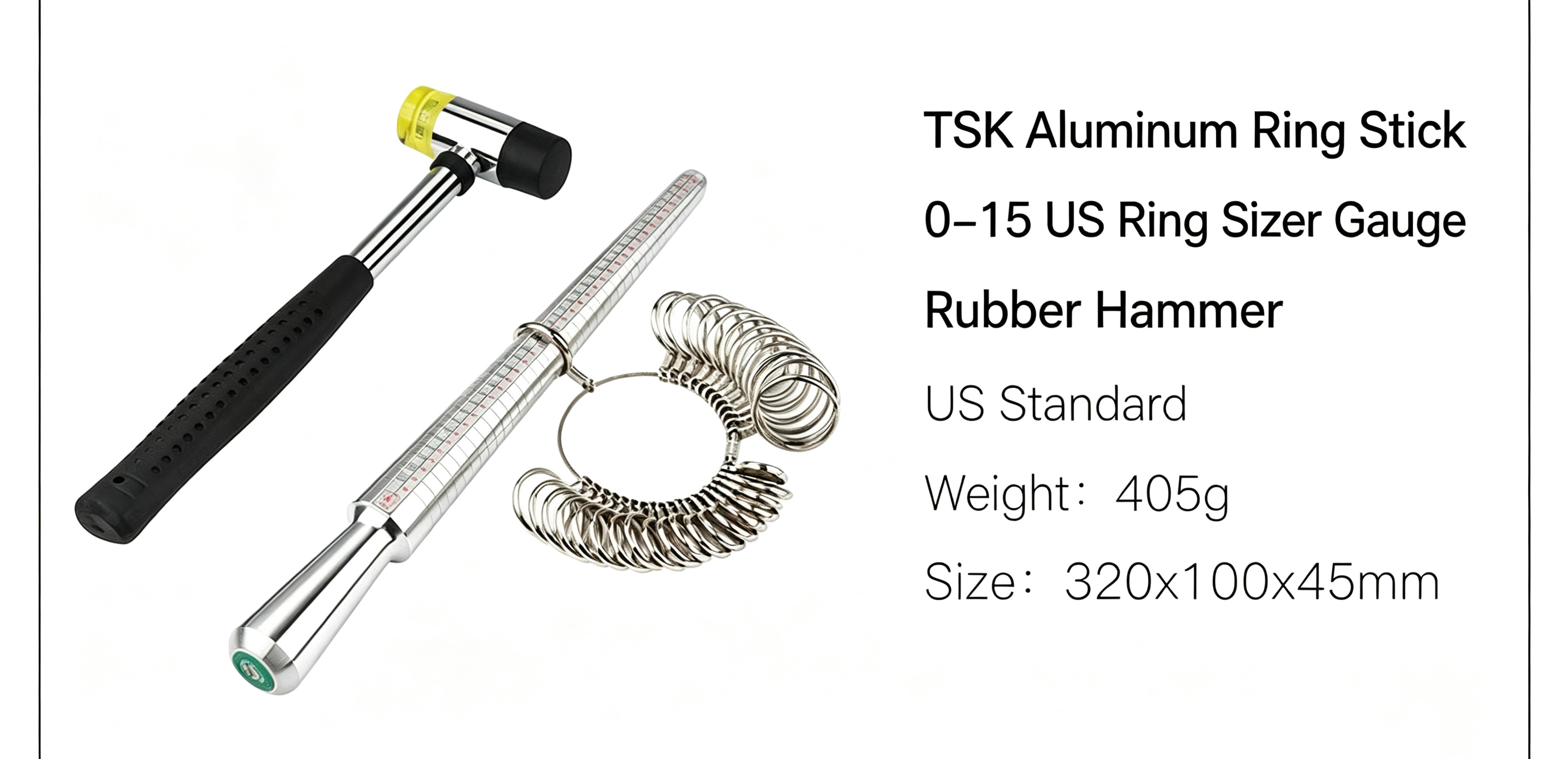 Ring Stick With 0-15 US Ring Sizer Gauge And Rubber Hammer
