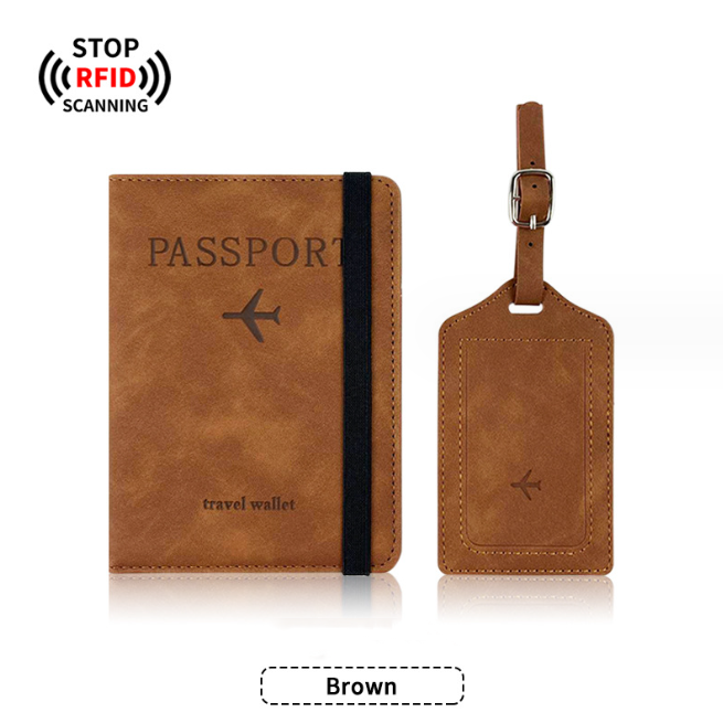 brown passport and tag set