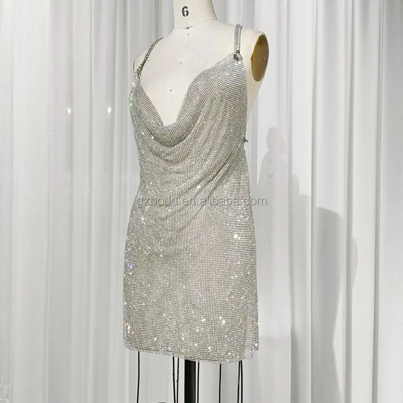 Bling brillante plata Rhinestone vestido Sexy cristal diamante malla Midi vestido de fiesta de noche para las mujeres