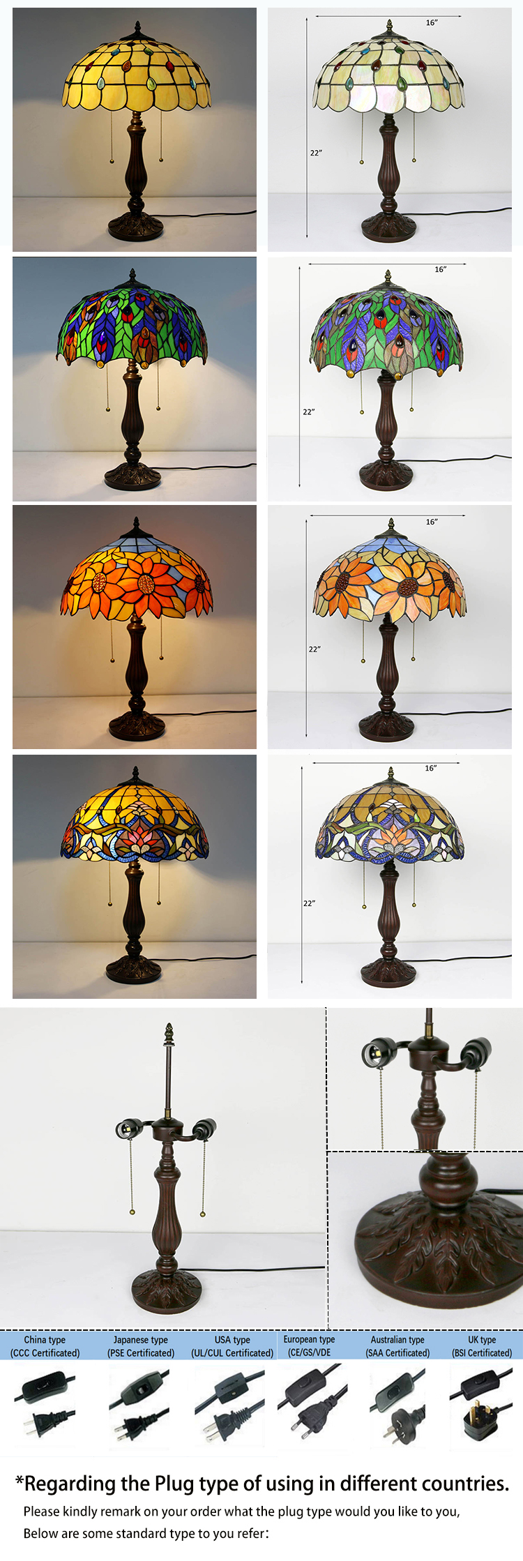 LongHuiJing Vintage Tiffany Style Peacock Feather Design Stained Glass Lampshade Table Lamps