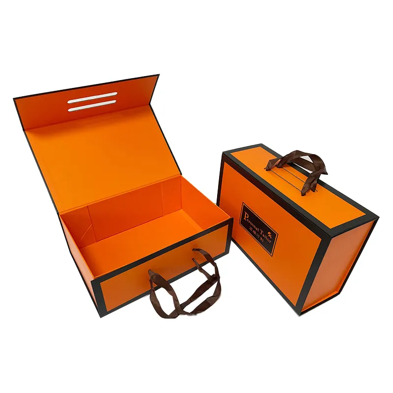 Caja de papel de almacenamiento de regalo, mango de embalaje de lujo personalizado, plegable, naranja, fabricación profesional China