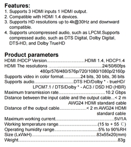 Conmutador de video HDMI 3 puertos divisor HDMI 3 en 1 cable de puerto multiinterruptor 4K Conmutador HDMI 3x1 para Alta Definición - Product Image 3