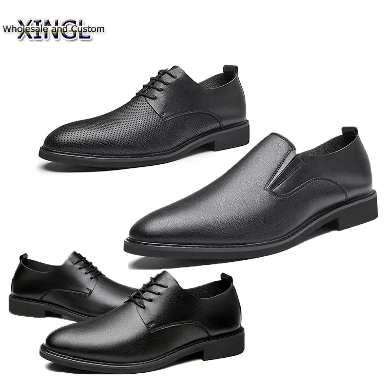 Zapatos de cuero de hombre negros elegantes clásicos de lujo de alta calidad Zapatos de vestir de cuero liso OEM DIY