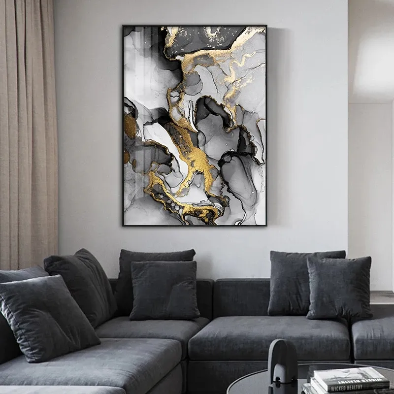 Abstrait moderne toile affiche doré noir mur Art peinture nordique affiches et impressions photos pour salon maison hôtel décor