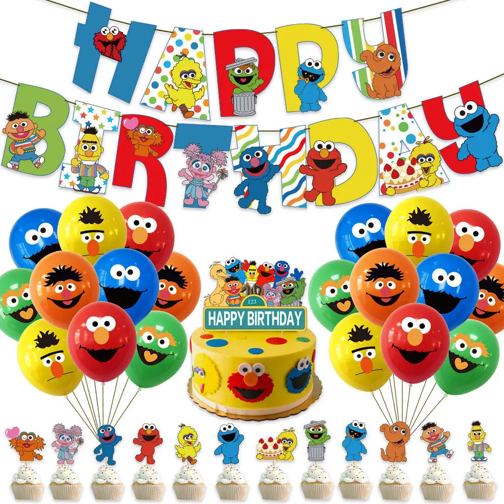 Cartoon Sesame Street Theme Birthday Party Decoration Supplies Paper Banner Flag Bunting Cake Cupcake Toppers Balloon Set K0128