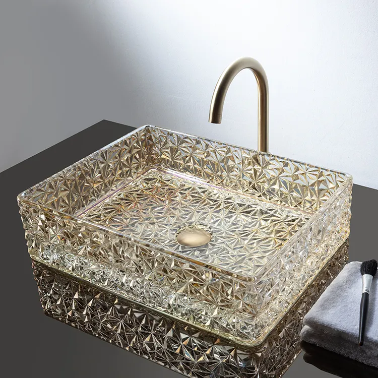 Lavabo de encimera de baño de cristal dorado de lujo, lavabo de mesa de cristal para baño, lavabo
