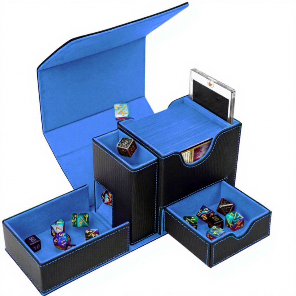 T338 plaid noir et bleu, boîte blanche, briques de cartes, 2 séparateurs