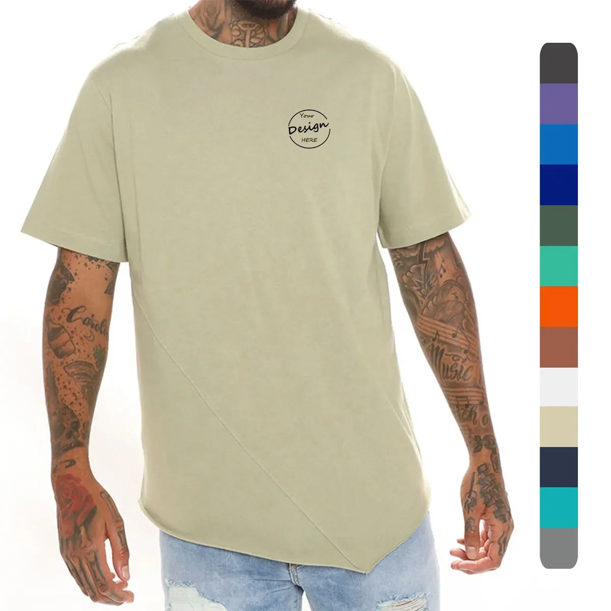 Hombres Street Wear Diseño de personalidad Alta calidad Slant Cut Raw Hem Camisetas 100% Algodón Color sólido Camisa ordinaria