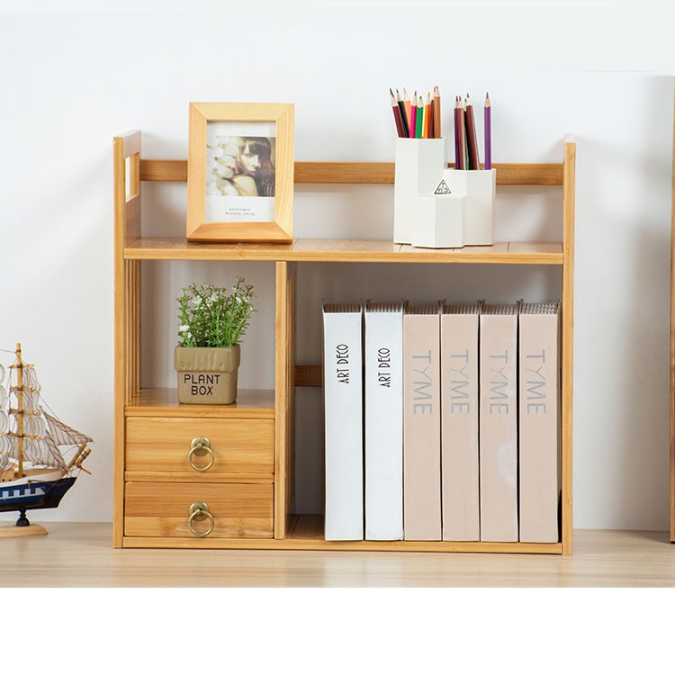 Bamboo Desk Storage Shelf Bookcase with Drawers for Home and Office Desktop Bookshelf