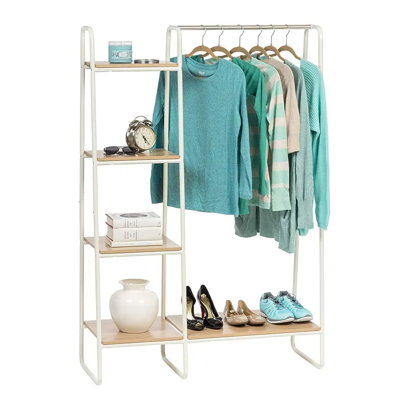 Aanpassen Size Rustieke Vintage Bruin Zwart Opbergrek 4 Planken Vrijstaande Closet Organizer Kledingrek Met Jas Rack