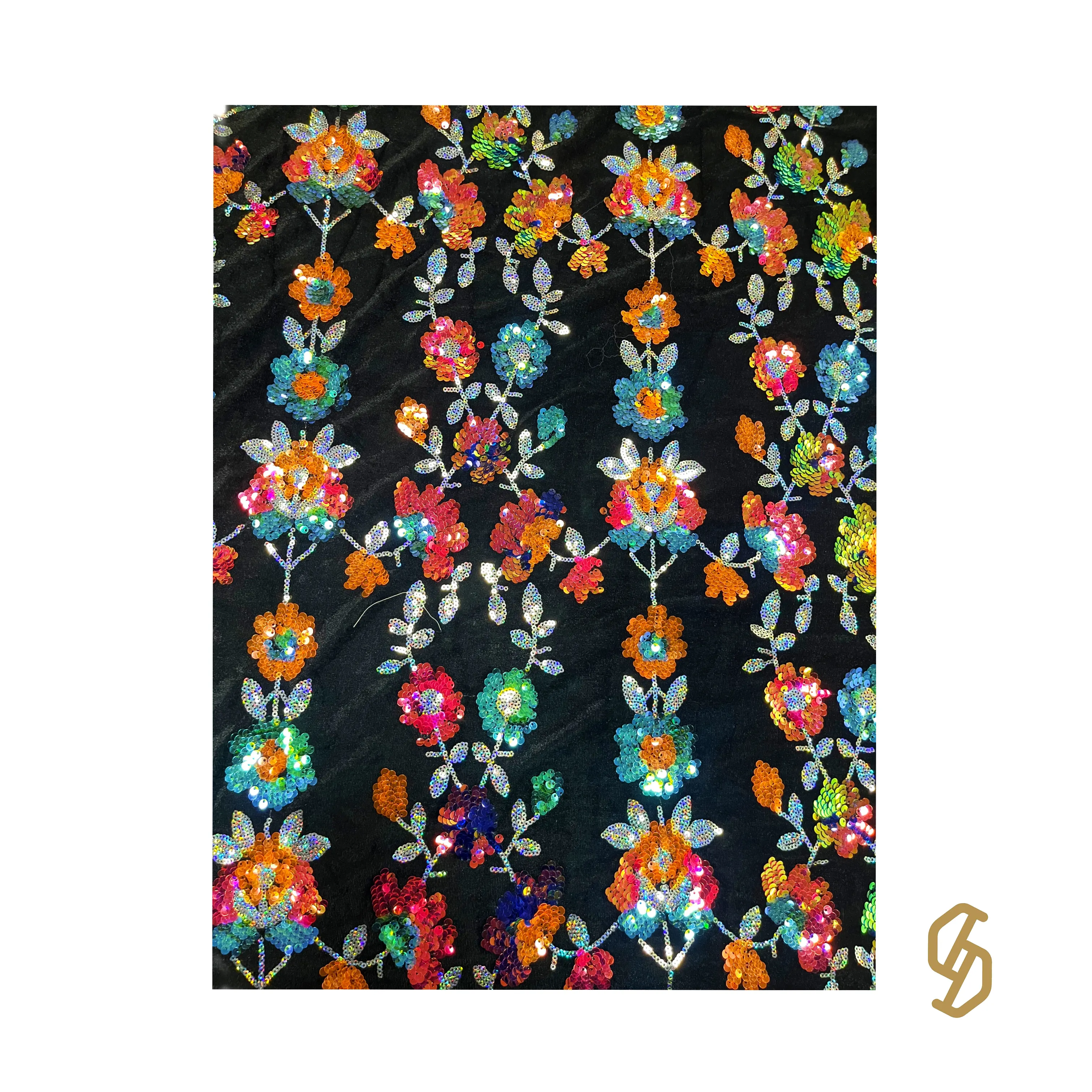 Diseño de patrón de flores coloridas tela de terciopelo de lentejuelas personalizada suave aspecto brillante y sensación tela bordado de lentejuelas