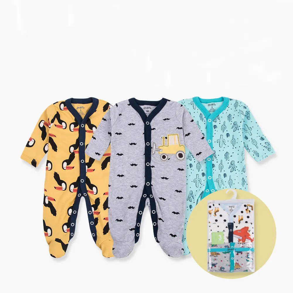 100% Algodão China Fornecimento 3 Peça Embalagem Do Bebê Pijama Estilo Aleatório Meninos e Meninas Romper Manga Longa Infantil Onesie