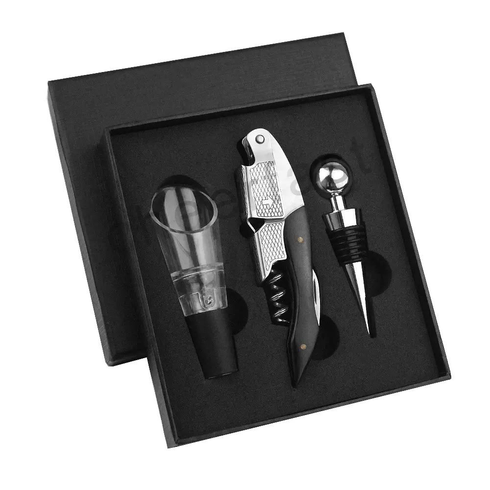 Gepersonaliseerde Lasergravure Wijn Accessoires Cadeau Set Maatwerk Top Deksel En Lade Geschenkdoos Verpakking Wijn Opener Kit Set