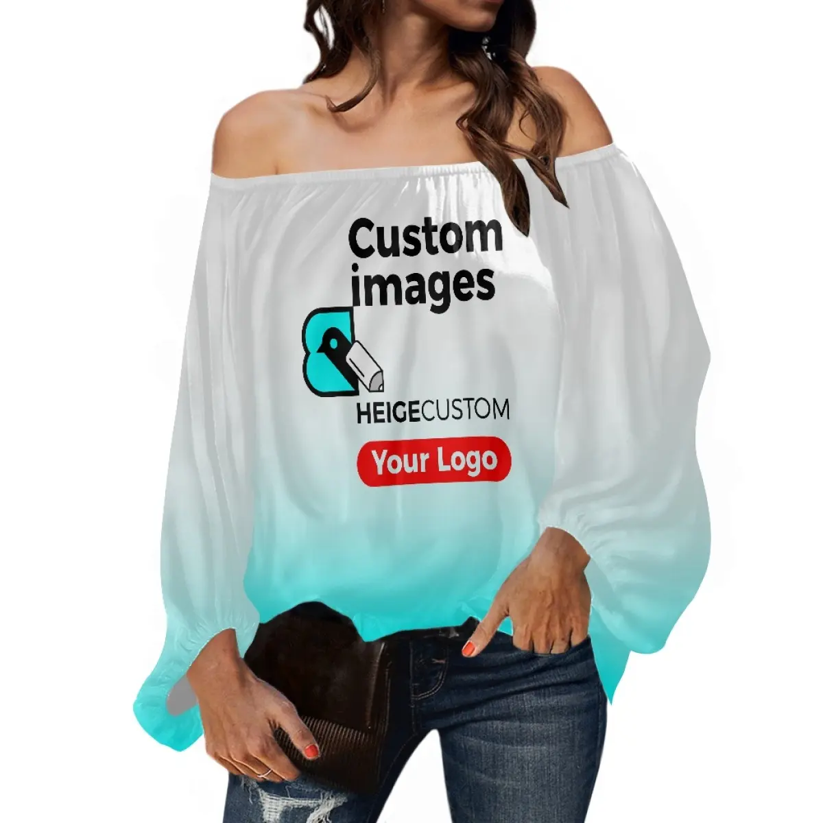 Benutzer definierte 1MOQ Ihr Design/Logo/Bild/Name/Text/Foto Sexy Off Shoulder Langarm Chiffon Bluse Loose Shirt Damen Tops