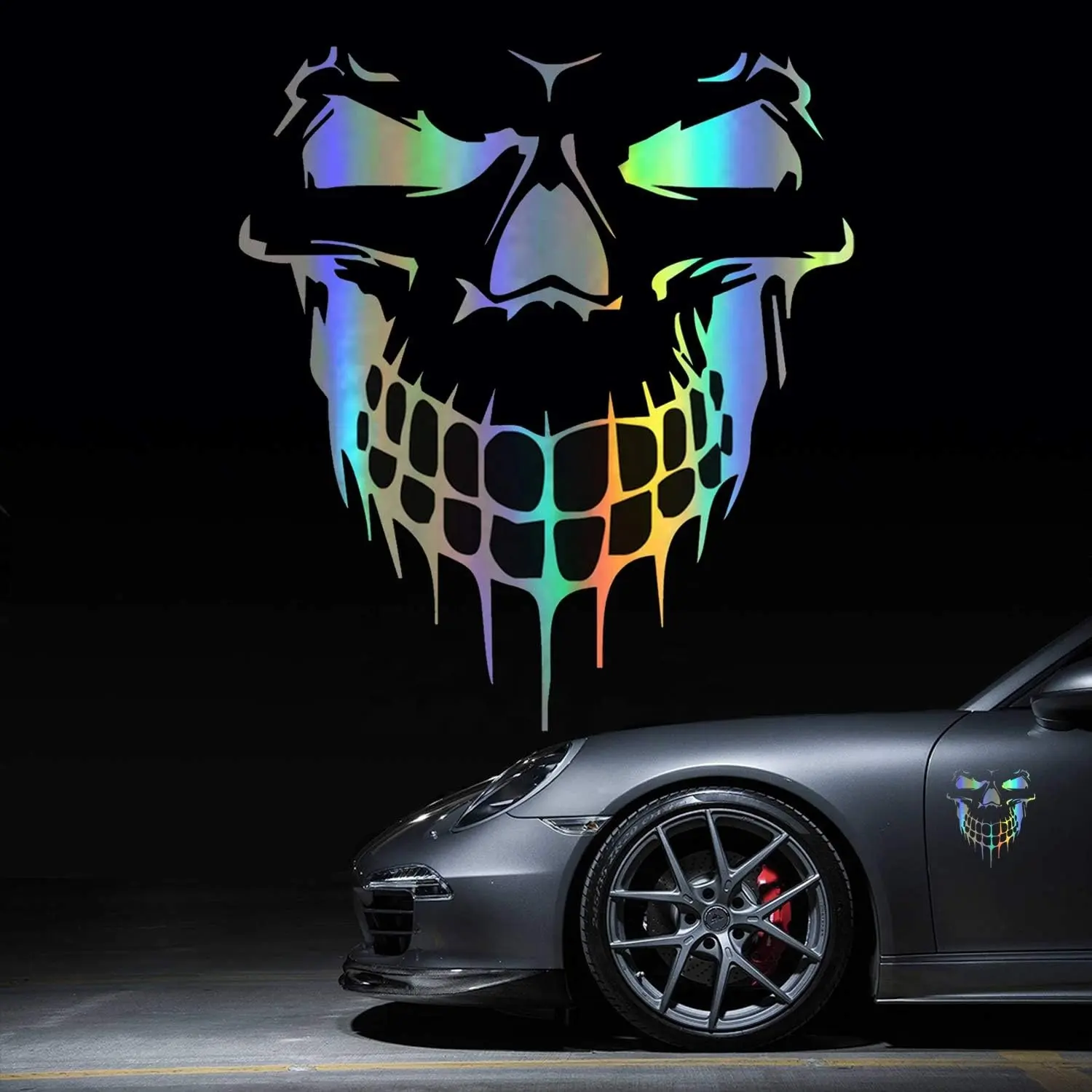 Logotipo personalizado de fábrica, vinilo impermeable de dibujos animados multicolor reflectante, decoración Exterior de coche, calcomanías de calavera láser 3D para coche