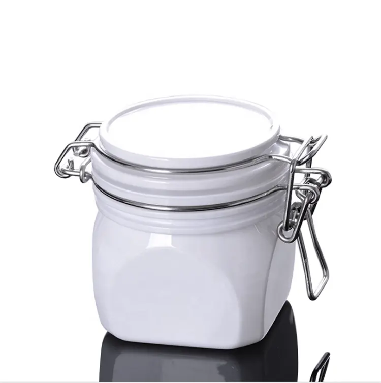 220G Vierkante Hoge Kwaliteit Plastic Huisdier Witte Container Met Metalen Afdichting Slot Gebruikt Voor Voedsel Crème