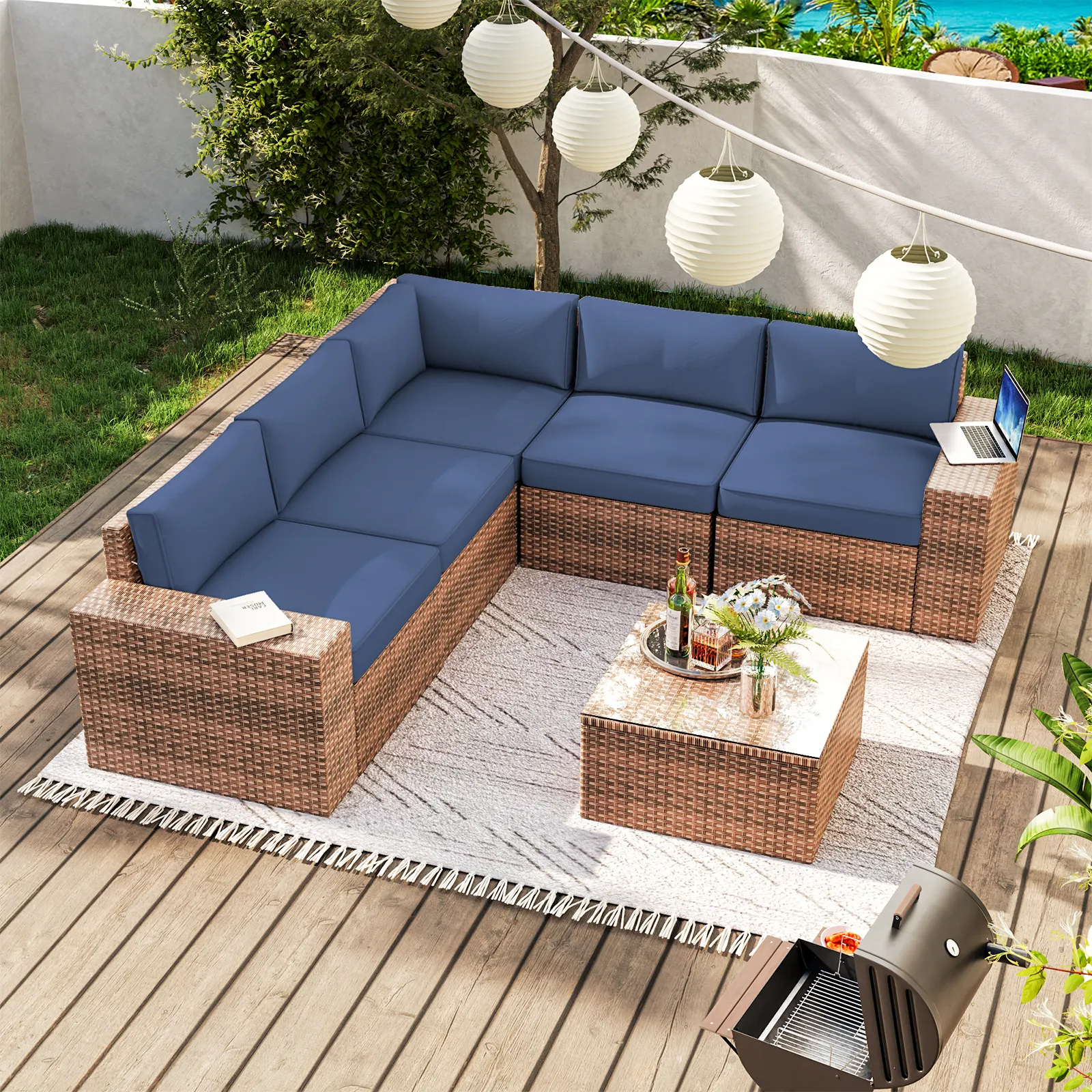 Balcone di lusso in alluminio rattan teak legno Patio giardino Funiture fuori porta divano esterno mobili da esterno de Set da esterno impermeabile