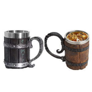 แก้วมักสไตล์ Nordic vikng Rune tankard สแตนเลส3D ทำจากเรซิ่นไม้ตกแต่งนอร์สแก้วเบียร์สไตล์กอธิคเย็น