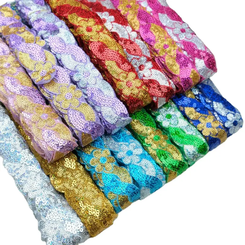 A buon mercato tessuto di pizzo 4 centimetri fai da te accessori di abbigliamento della maglia del fiore del organza del merletto per il costume dancewear paillettes trim cucito tessuto