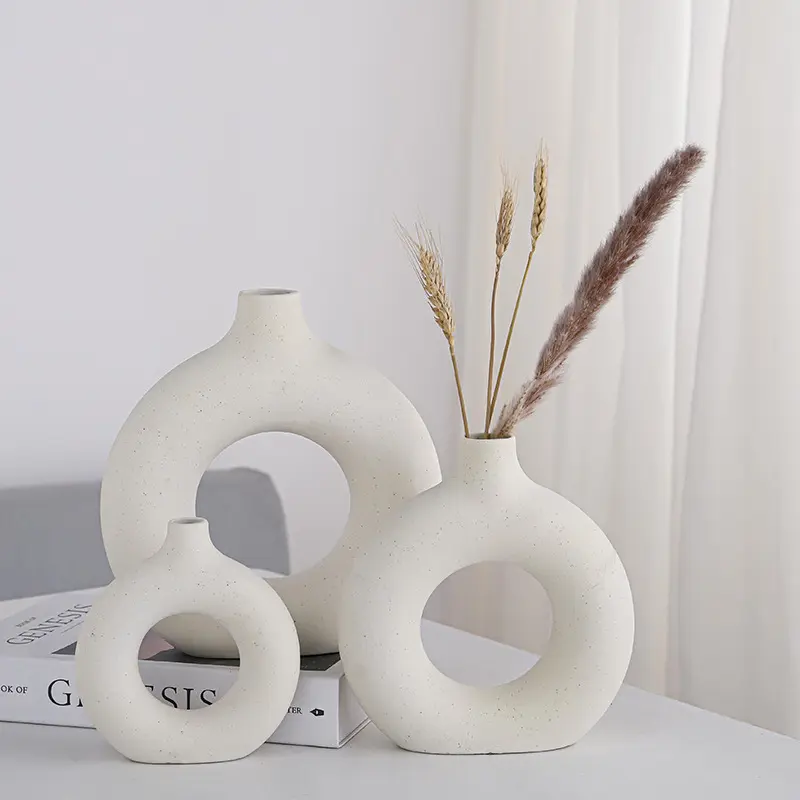 Décor nordique ferme petit et grand circulaire creux blanc noir moderne Vase en céramique anneau rond Donut Vase