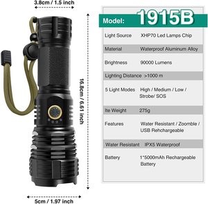 XHP70 Led פנס 5 מצבים פנס Zoomable IPX5 עמיד למים USB טעינת לפיד אור 90000 לום עבור חיצוני קמפינג - Product Image 6