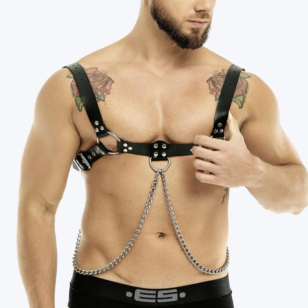 Arnés de pecho Cinturones de Bondage Cadena de cuero Lencería Cinturón de espada Fetish Gay Disfraces BDSM Correas para el cuerpo Goth Rave Sexy Porno para hombres